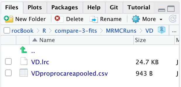 Screen shot (2 of 2) of `R/compare-3-fits/MRMCRuns/VD` showing files containing the results of PROPROC analysis for the Van Dyke dataset.