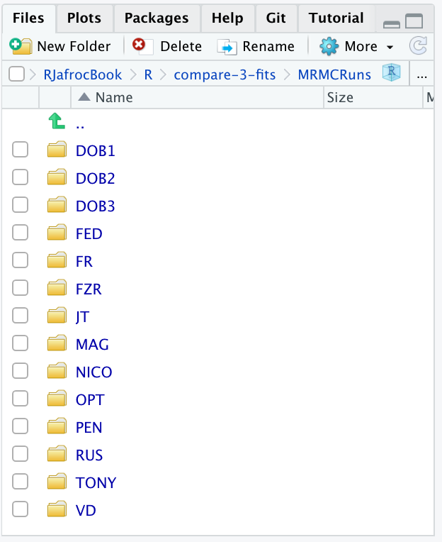 Screen shot (1 of 2) of `R/compare-3-fits/MRMCRuns` showing the folders containing the results of PROPROC analysis on 14 datasets.