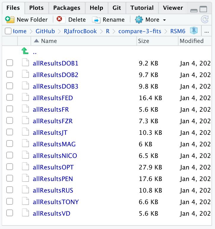 Screen shot of `R/compare-3-fits/RSM6` showing the results files created by  `Compare3ProperRocFits()` .